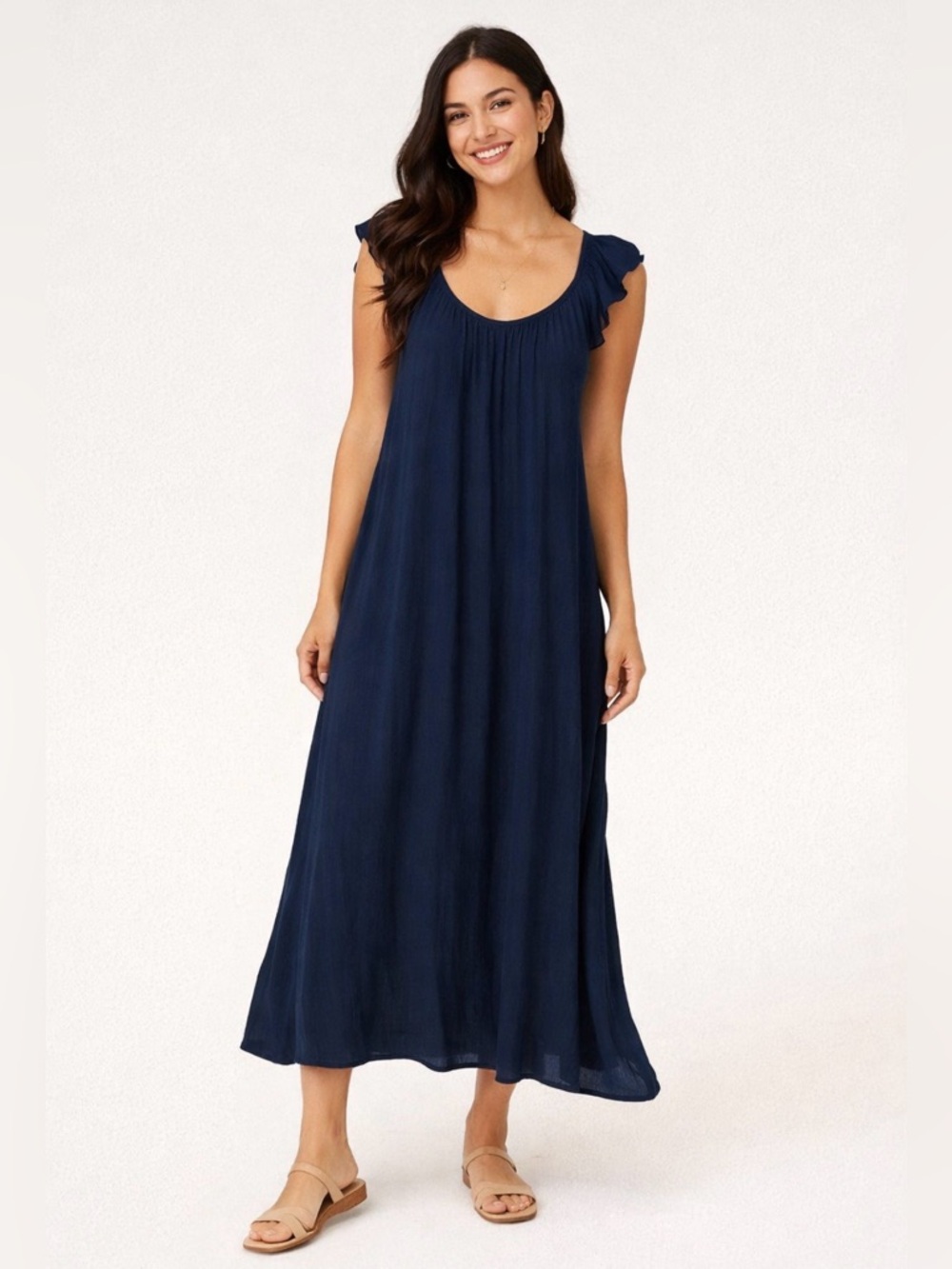 LOFT Navy Ruffle Cap-Sleeve Maxi Dress. Size Medium. NWT